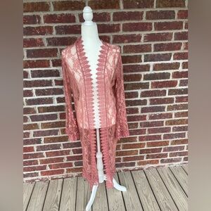 Polly & Esther Sheer Lace Kimono Duster Long Cardigan Bell Sleeve Size Large
